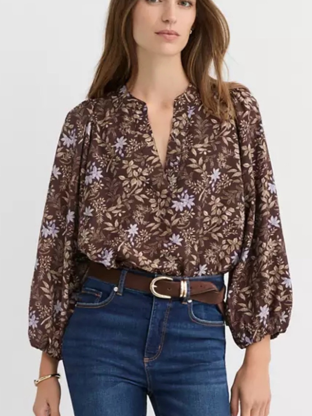 LOFT Brown Floral V-Neck Blouse with Lavender Accents